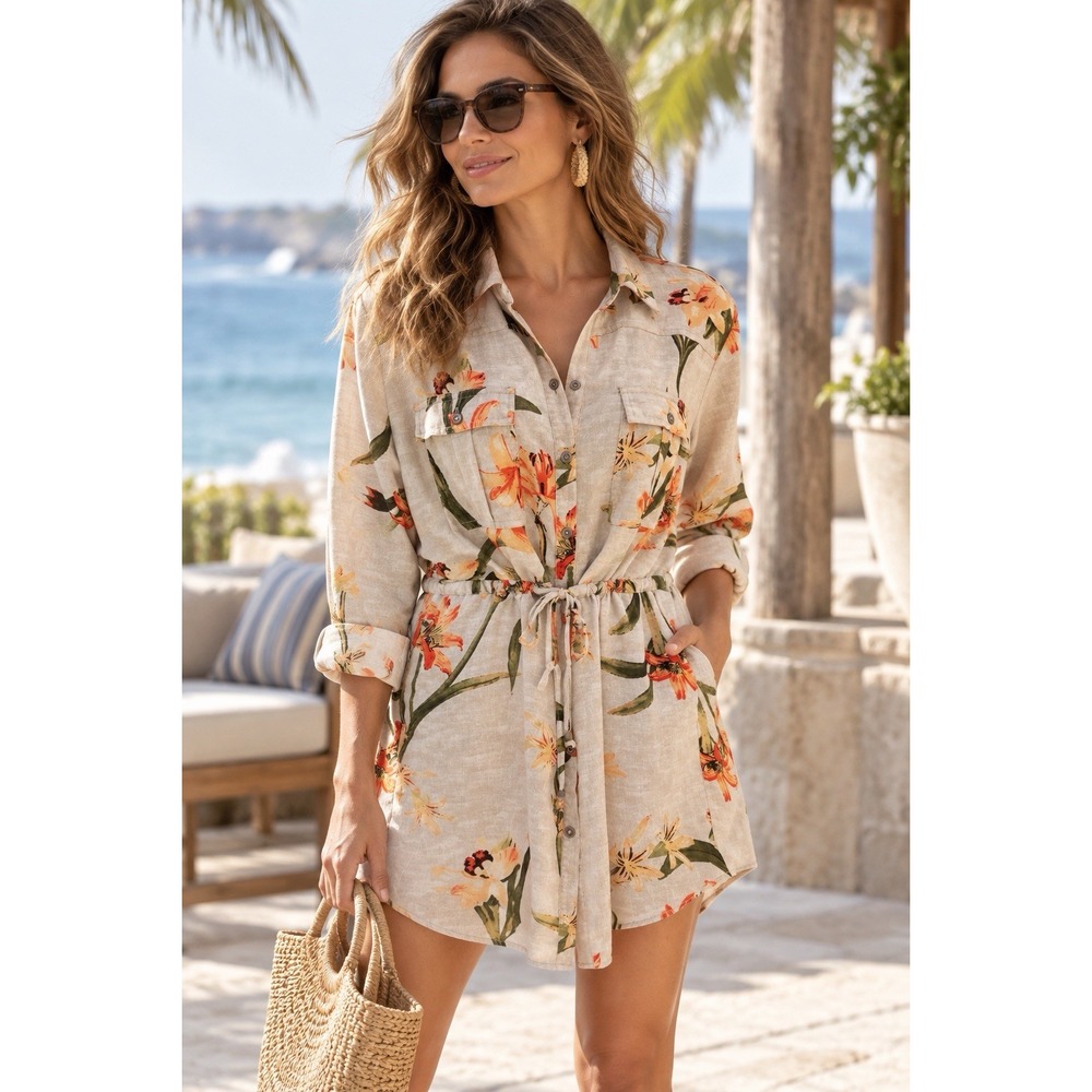 Chicos 2 Tropical Floral Shirt Dress Sz L Mini Long Slvs Drawstring Waist Resort